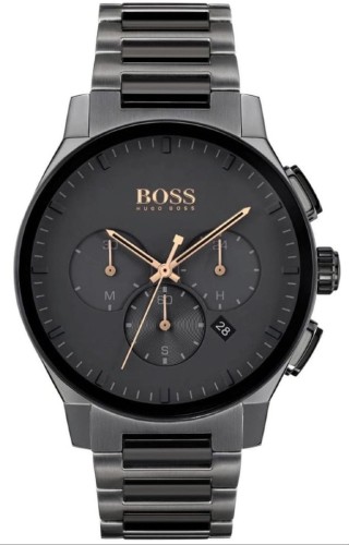 Hugo Boss Peak 1513814 – elegancki męski zegarek z kopertą 44 mm w czarnym lub szarym IP, stalową bransoletą, chronografem, datownikiem na godzinie 4, wykończeniami w kolorze złotym,