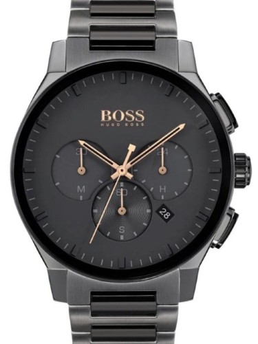 Hugo Boss Peak 1513814 – elegancki męski zegarek z kopertą 44 mm w czarnym lub szarym IP, stalową bransoletą, chronografem, datownikiem na godzinie 4, wykończeniami w kolorze złotym,