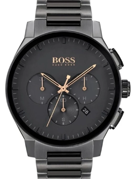 Hugo Boss Peak 1513814 – elegancki męski zegarek z kopertą 44 mm w czarnym lub szarym IP, stalową bransoletą, chronografem, datownikiem na godzinie 4, wykończeniami w kolorze złotym,