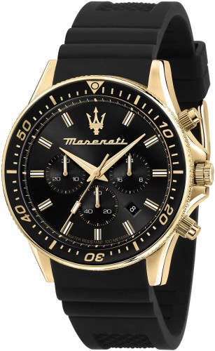 <img alt="Zegarek męski Maserati R8871640001 czarna tarcza złota koperta" src="adres-zdjecia.jpg" title="Maserati R8871640001 czarno-złoty zegarek męski" />